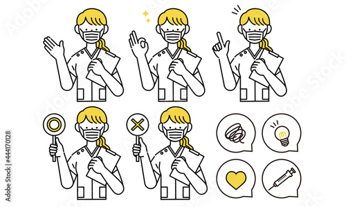 マスクをつけたスクラブの女性看護師のイラスト
