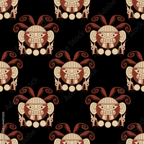 Seamless animal pattern with stylized funny octopuses. Ancient Peruvian Native American ethnic motif of Mochica or Moche Indians.
