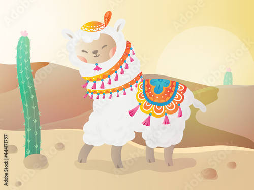 A llama dressed in the desert. Vector illustration.