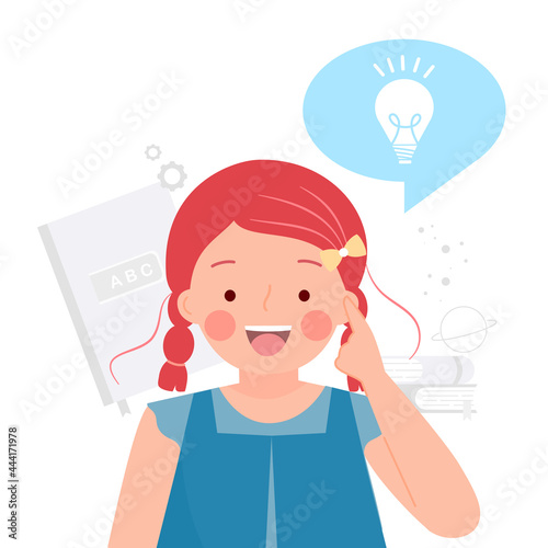 Girl pointing with thinking process. Get idea and study at school or homeschooling. Point finger at lightbulb. Creative learning. Flat vector illustration isolated on white background.