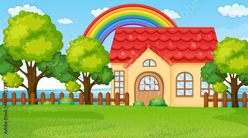 Nature landscape scene with a house and rainbow in the sky