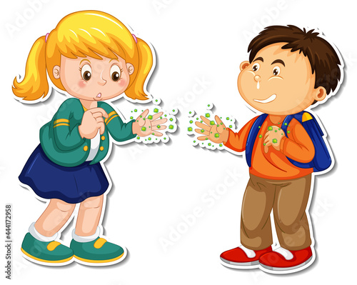 Sticker template of two people handshaking with bacteria and virus