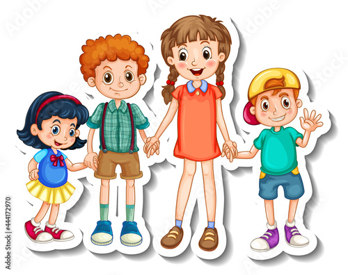 Sticker template with group of children cartoon character isolated