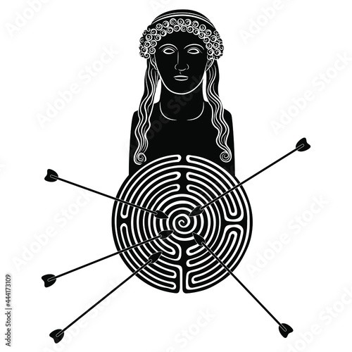 Helen of troy. Bust of antique goddess with round spiral maze or labyrinth symbol as a target struck by arrows. Creative concept. Black and white silhouette.