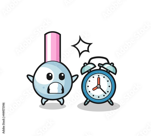Cartoon Illustration of cotton bud is surprised with a giant alarm clock