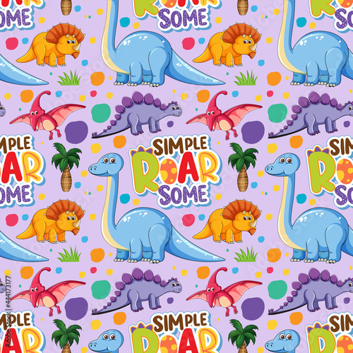 Seamless pattern with cute dinosaurs and font on purple background