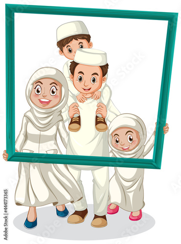 Happy family member holding photo frame