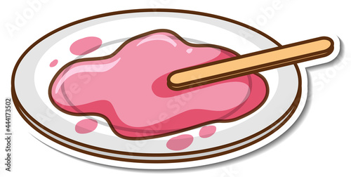 Sticker strawberry ice cream melted on plate
