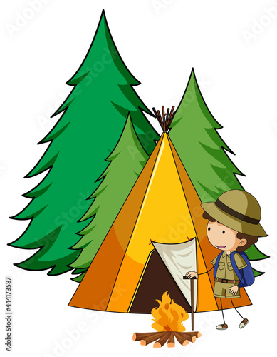Camping tent with doodle kids cartoon character isolated