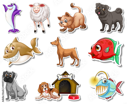 Set of stickers with sea animals and dogs cartoon character
