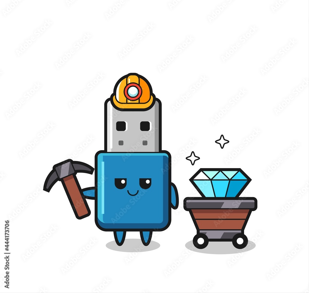 Character Illustration of flash drive usb as a miner