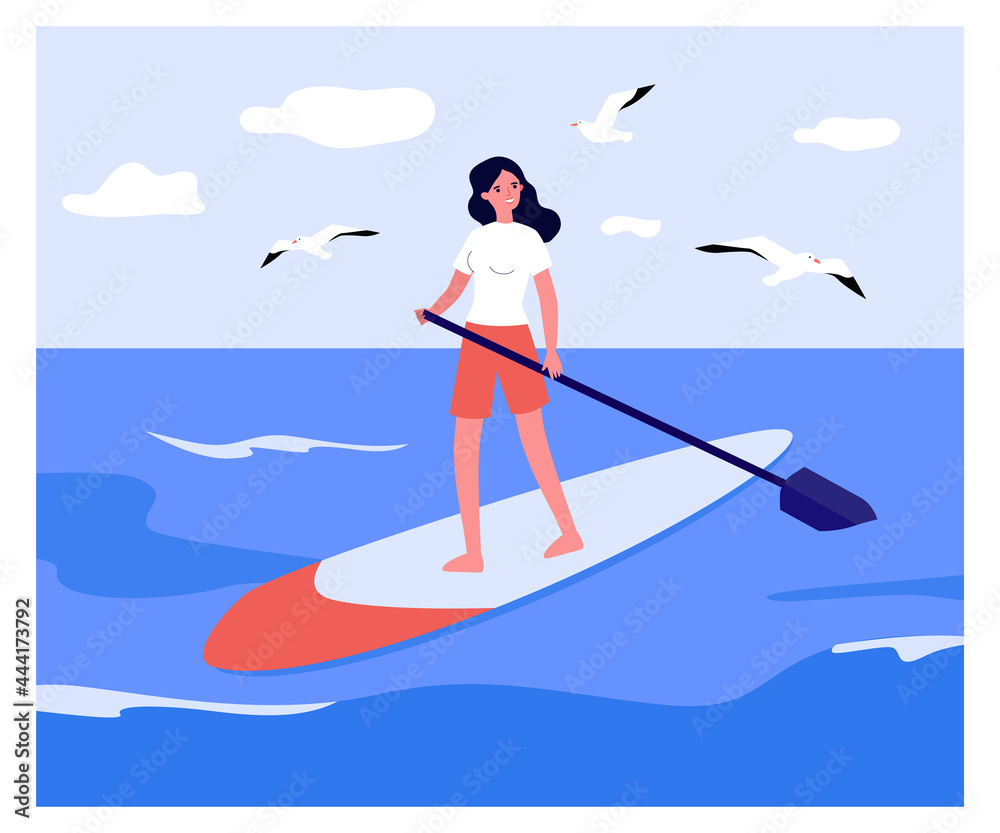 Girl standing on board with paddle. Flat vector illustration. Young woman interested in stand-up paddle boarding, doing water sports, swimming on water. Sport, surfing, fitness, nature, hobby concept