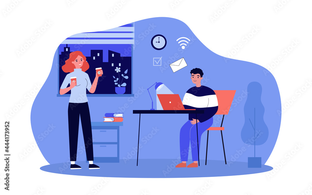Secretary bringing coffee to boss. Flat vector illustration..Girl bringing drinks for herself and young man working online at home until late. Business, freelance, Internet, office, family concept