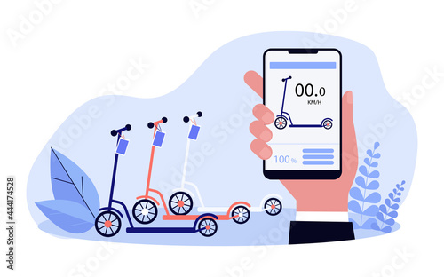Modern scooter rental service flat vector illustration. Hand holding smartphone with per-minute scooter rental app on screen. Technology, Internet, transport, business concept for banner design