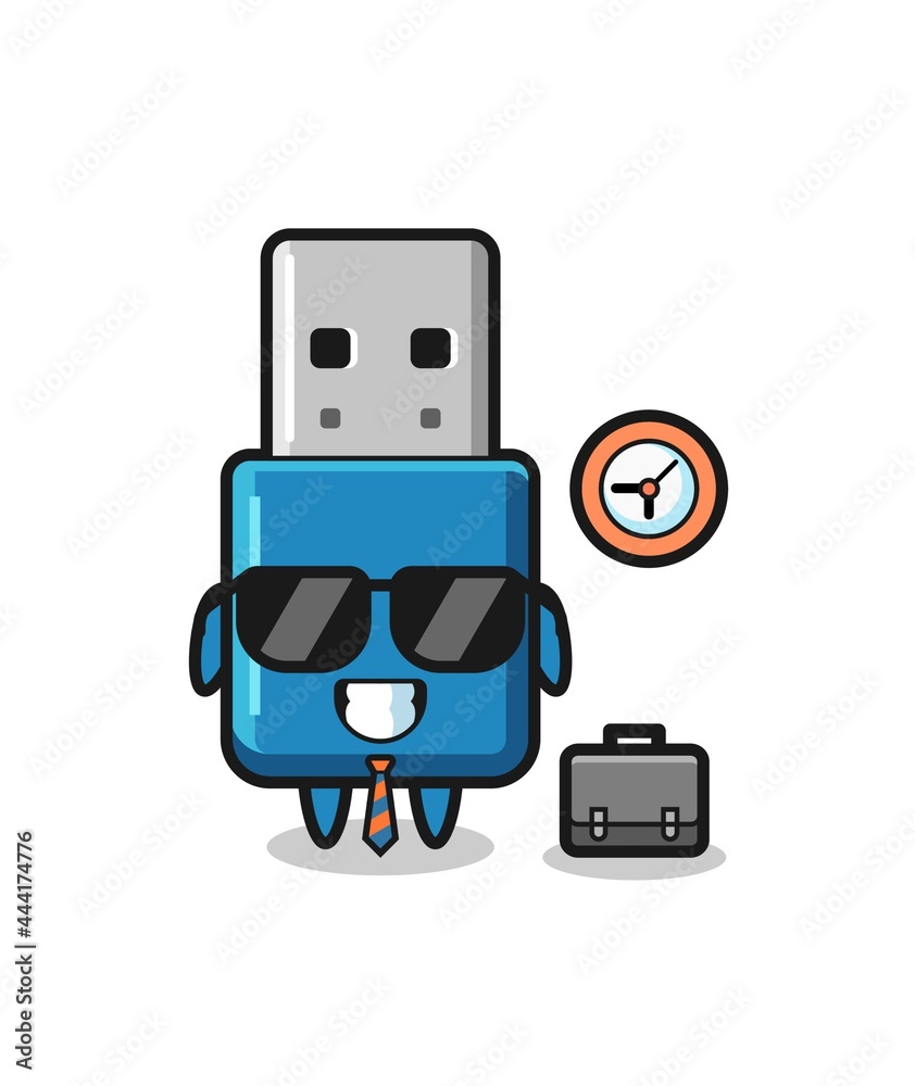 Cartoon mascot of flash drive usb as a businessman