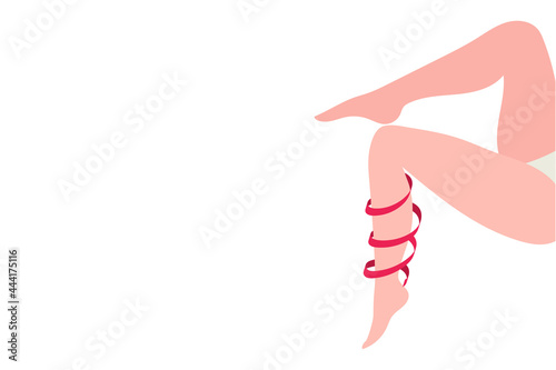 Laser hair removal banner template. Vector illustration of naked legs entwined with a red ribbon.