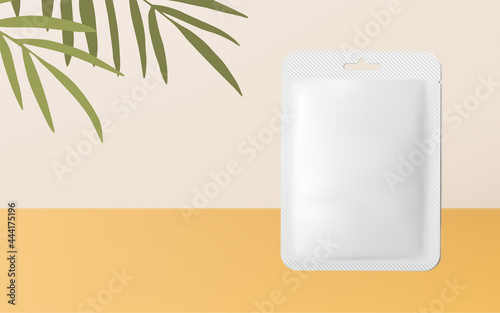 Mockup white plastic packaging sachet for facial beauty sheet mask realistic vector 3d illustration on beige and yellow background with tropical palm tree. Minimal summer concept