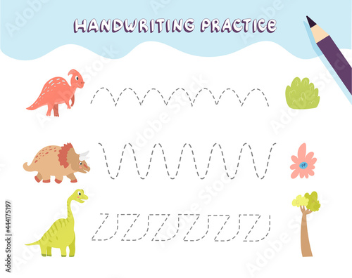 Handwriting practice for preschool children. Tracing lines with colorful dinosaurs. Educational kids game. Worksheet for kids
