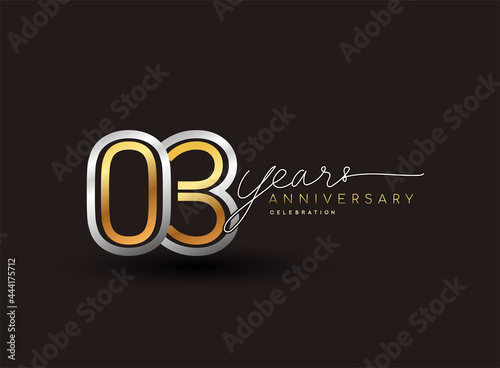 3rd years anniversary logotype with multiple line silver and golden color isolated on black background for celebration event.