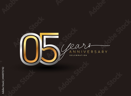 5th years anniversary logotype with multiple line silver and golden color isolated on black background for celebration event.