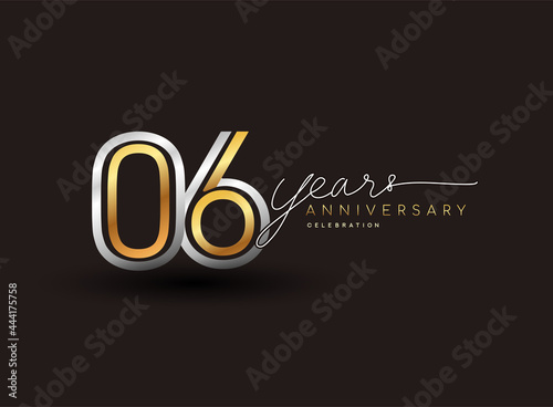 6th years anniversary logotype with multiple line silver and golden color isolated on black background for celebration event.