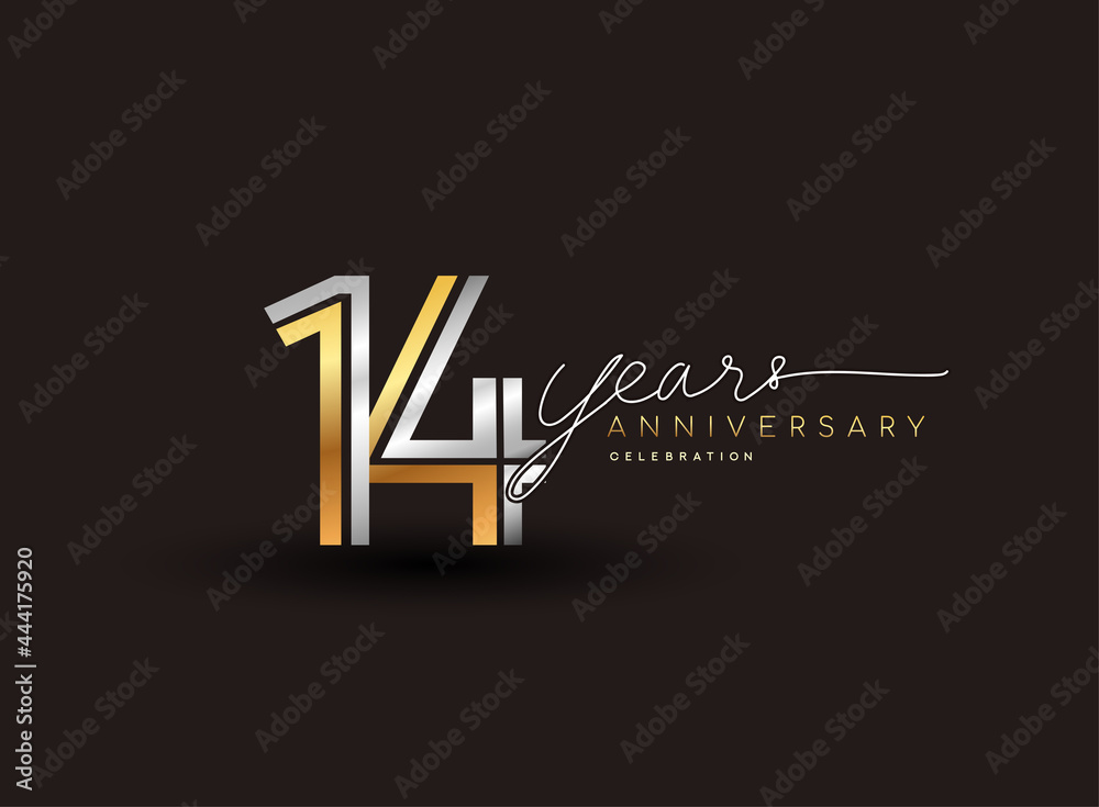 14th years anniversary logotype with multiple line silver and golden color isolated on black background for celebration event.