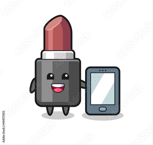 lipstick illustration cartoon holding a smartphone