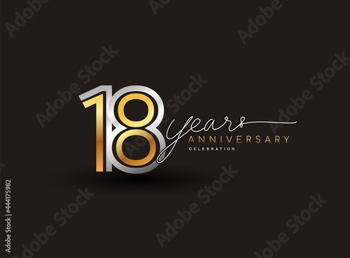 18th years anniversary logotype with multiple line silver and golden color isolated on black background for celebration event.
