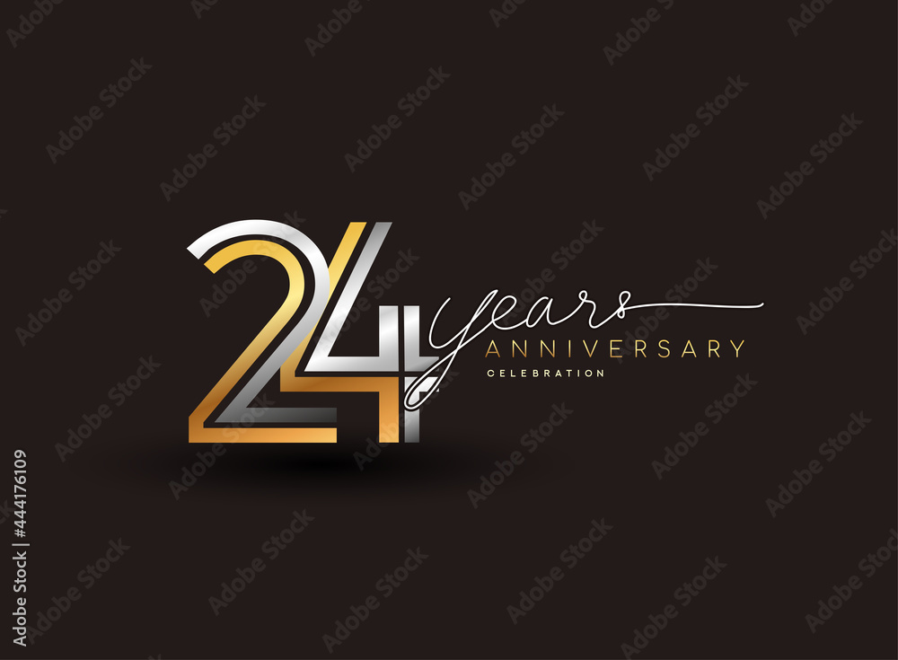 24th years anniversary logotype with multiple line silver and golden color isolated on black background for celebration event.