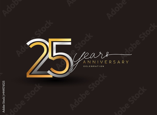 25th years anniversary logotype with multiple line silver and golden color isolated on black background for celebration event.