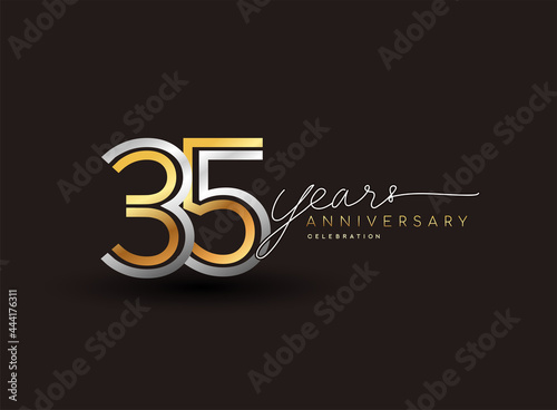 35th years anniversary logotype with multiple line silver and golden color isolated on black background for celebration event.