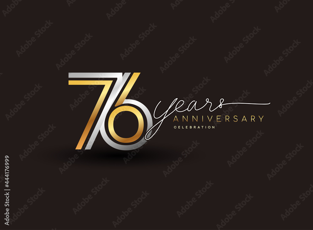 76th years anniversary logotype with multiple line silver and golden color isolated on black background for celebration event. - obrazy, fototapety, plakaty 