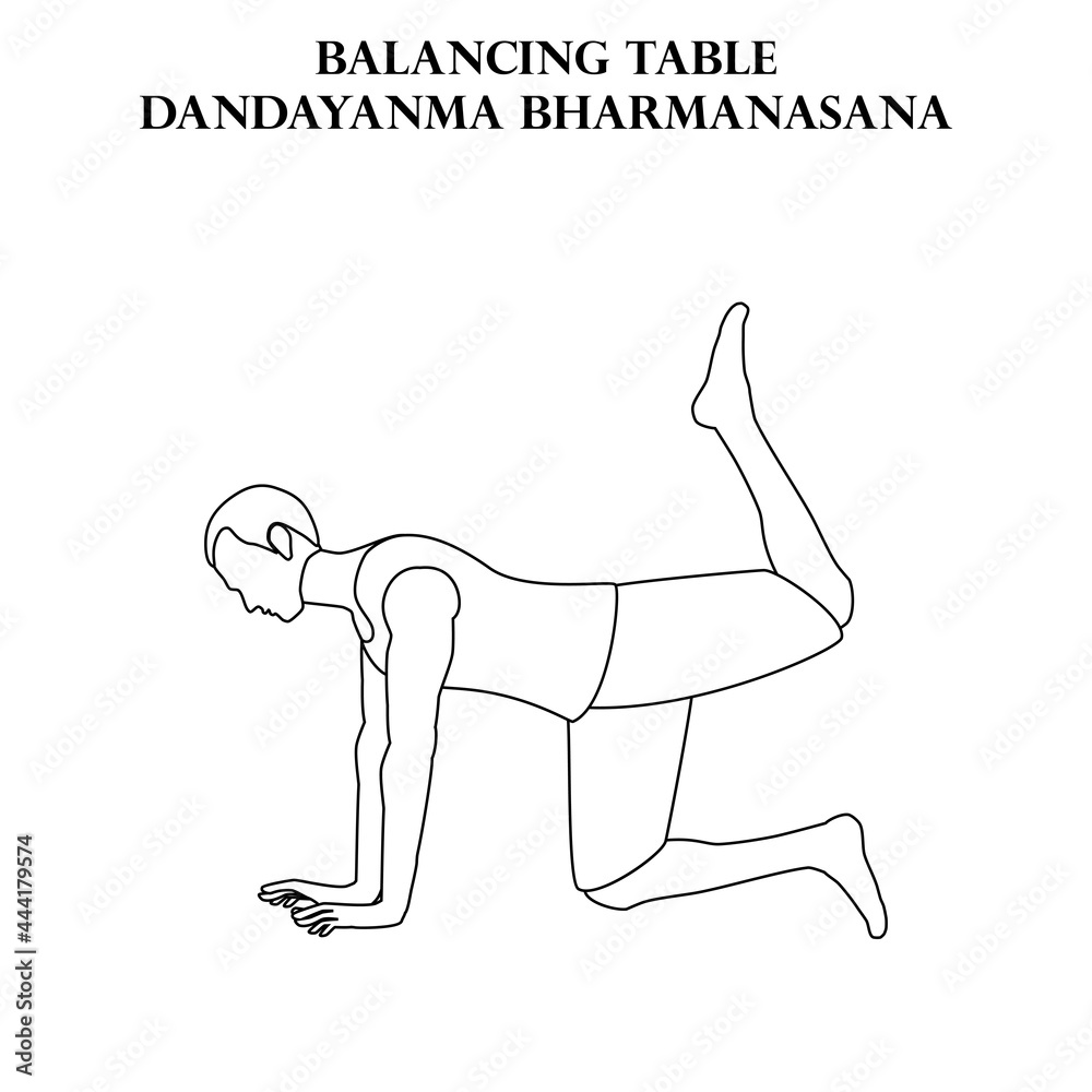 Balancing table yoga workout. Dandayanma Bharmanasana. Man doing yoga illustration outline