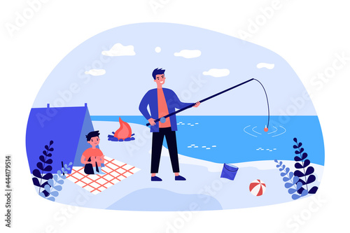 Father fishing on beach with his little son. Flat vector illustration. Young man and boy spending time in tent on shore, making bonfire. Childhood, nature, fatherhood, travel, hike, tourism concept