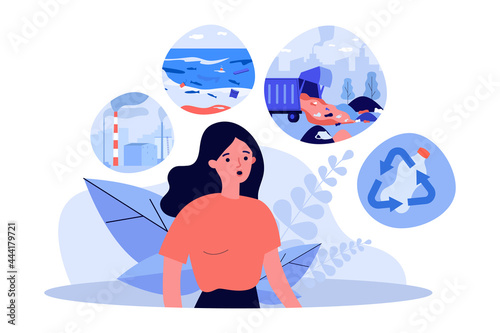 Woman concerned about environmental pollution. Flat vector illustration. Person thinking about ocean and air pollution, recycling, waste disposal. Environmental protection, consumption, nature concept