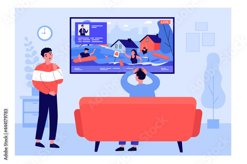 Young people watching news report about emergency. Flat vector illustration. Men watching TV, live broadcast from scene with injured people on screen. Flood, emergency, natural disaster concept