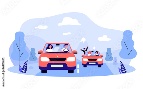 Friends going on road trip together. Flat vector illustration. Young men and women travelling in two identical cars along pre-planned route. Adventure, friendship, transport, travel, auto concept