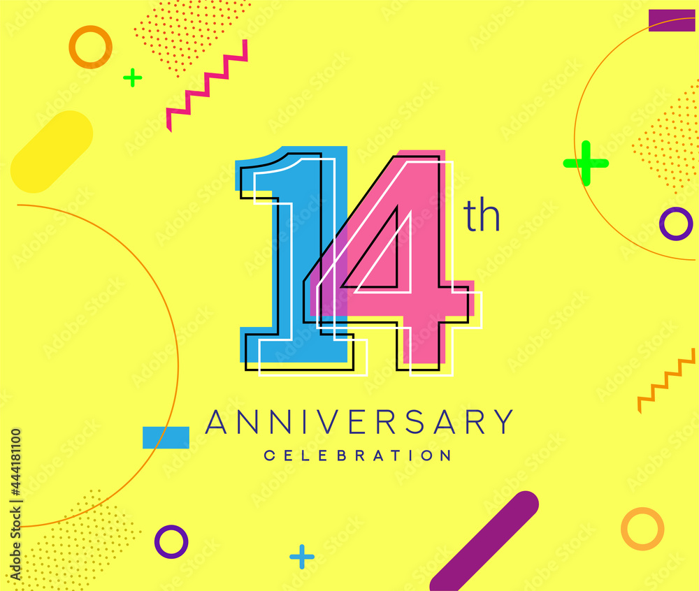 14th anniversary logo, vector design birthday celebration with colorful geometric background.