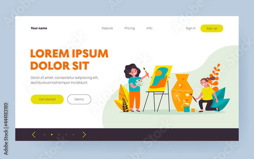 Happy artistic school students. Kids painting picture and decorating clay vase flat vector illustration. Drawing studio, workshop concept for banner, website design or landing web page