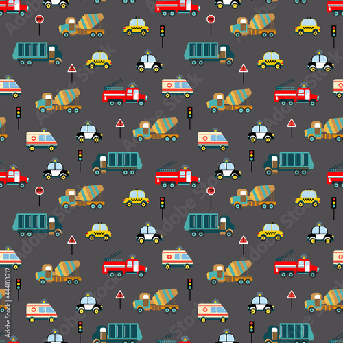 Seamless pattern with road cars. Police, fire department, ambulance, taxi, garbage truck, concrete mixer. Design for the nursery.
