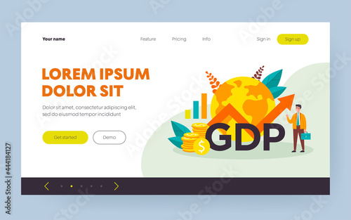 Happy businessman presenting gdp growth. Man in suit with growth chart, cash and globe. Vector illustration for gross domestic product rate, global economy, national budget, inflation concepts