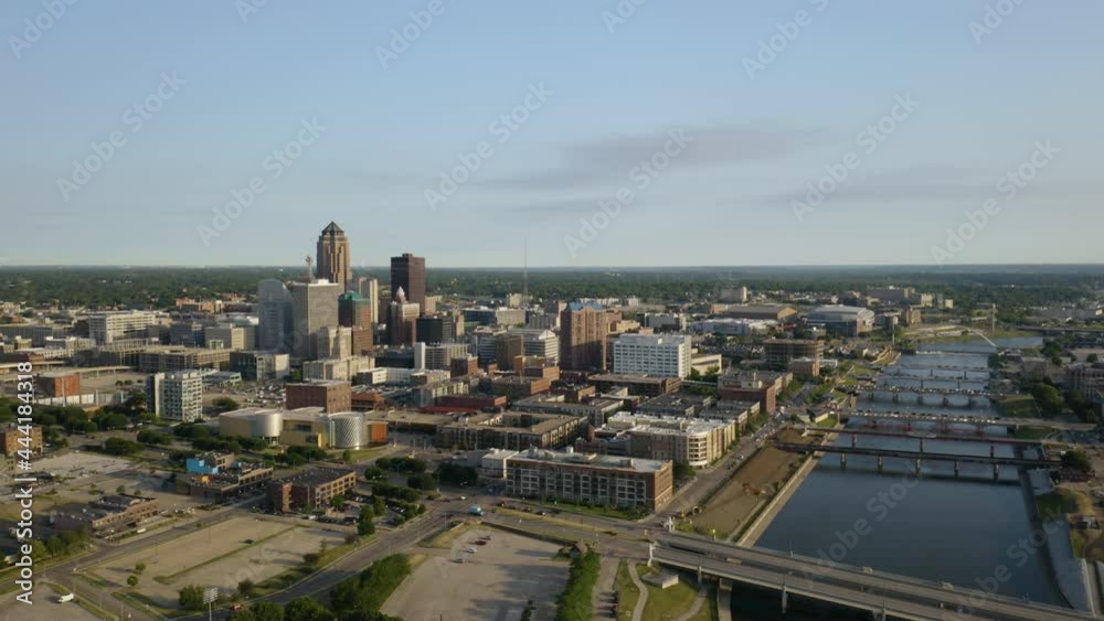 Wide Aerial Shot Above Downtown Des Moines, Iowa on Amazing Summer Day. Wide Aerial Shot Above Downtown Des Moines, Iowa on Amazing Summer Day.