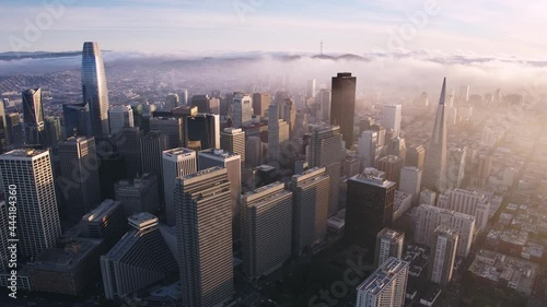 Panorama Aerial Drone Of San Francisco Skyline At Sunset photo
