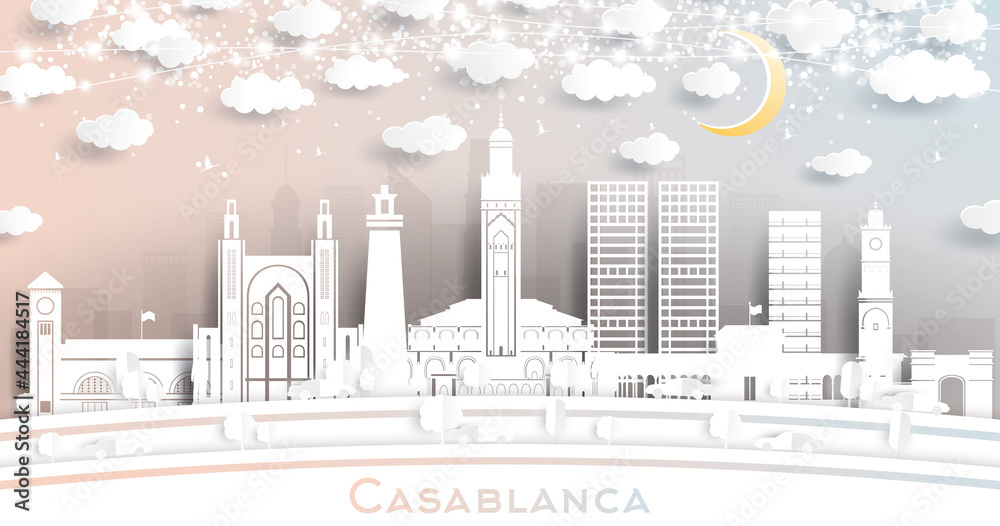 Casablanca Morocco City Skyline in Paper Cut Style with White Buildings, Moon and Neon Garland.
