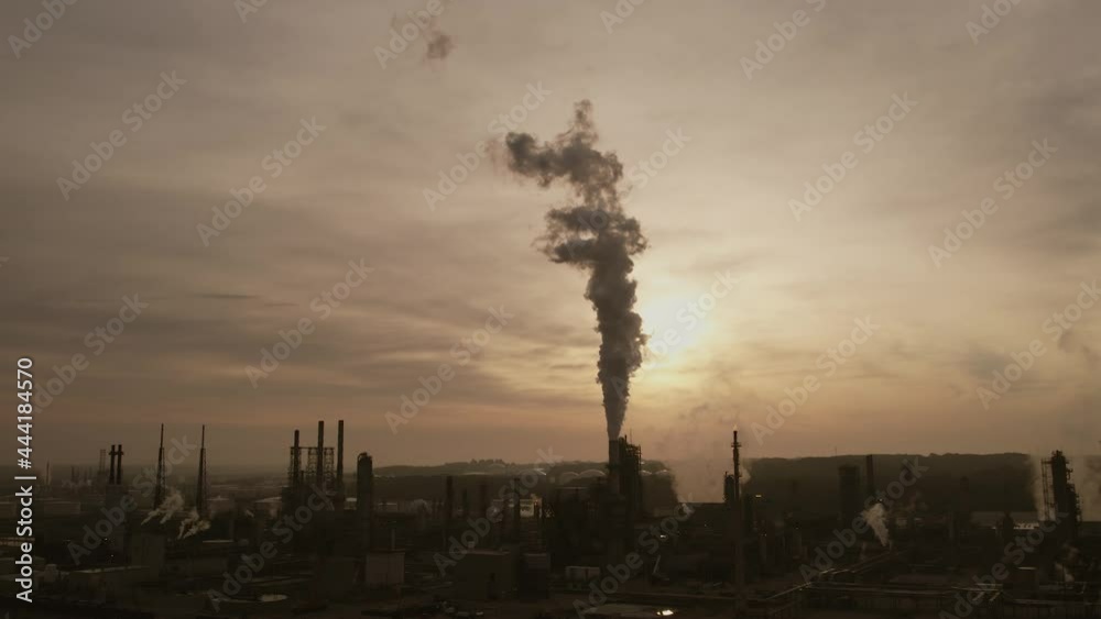 Global Warming Gases Polluting Environment From Oil Refinery Hazy Sunrise Aerial Global Warming Gases Polluting Environment From Oil Refinery Hazy Sunrise Aerial
