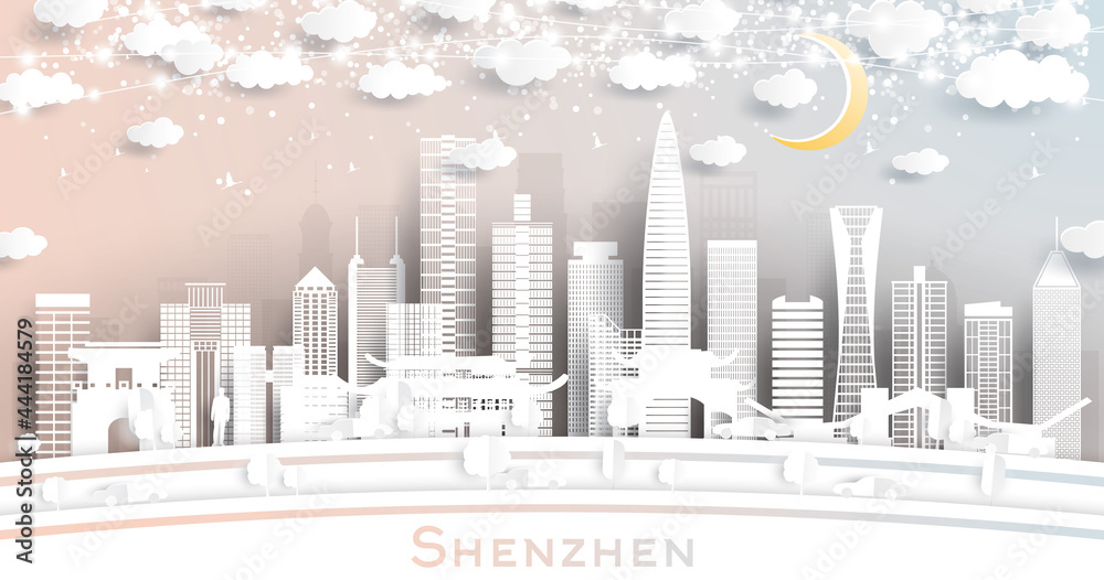 Fototapeta Shenzhen China City Skyline w stylu Paper Cut z białymi budynkami, księżycem i neonową girlandą.