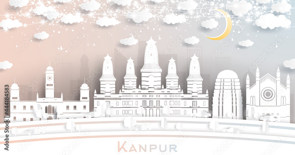 Kanpur India City Skyline in Paper Cut Style with White Buildings, Moon and Neon Garland.