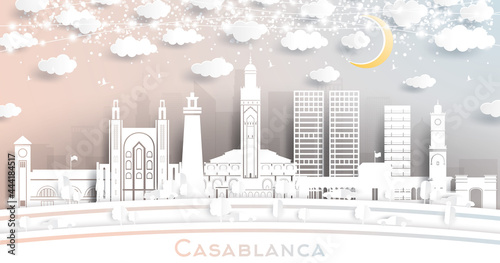 Casablanca Morocco City Skyline in Paper Cut Style with White Buildings  Moon and Neon Garland.