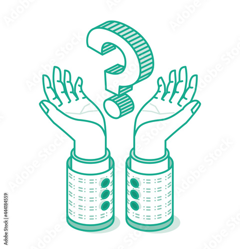 Isometric Hands Hold Big Question Mark. Outline FAQ Concept Isolated on White.