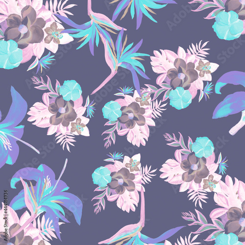 Violet Pattern Palm. Indigo Tropical Art. Navy Floral Art. Cobalt Flora Leaf. Purple Decoration Vintage. Coral Wallpaper Palm. Blue Spring Painting. © Surendra